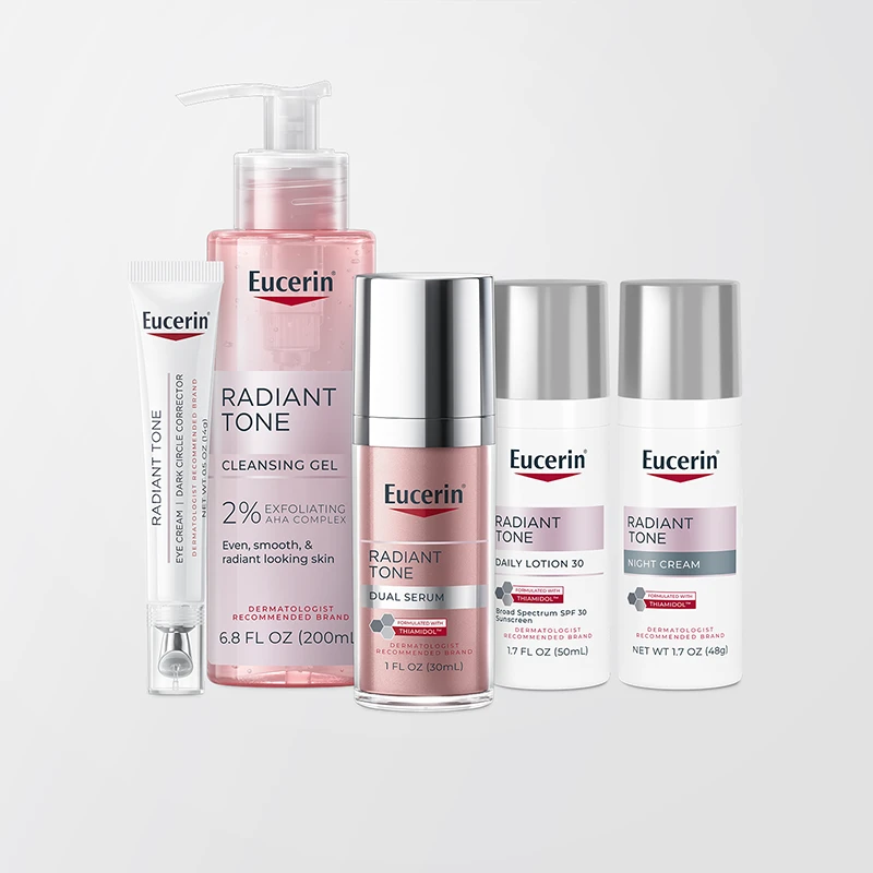 On the picture, you can see a display of five different Eucerin products. (photo)